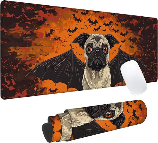 Pug Bat Gaming Mouse Pad, Office Desk Mat, Anti-Slip Rubber Base Cool Aesthetic Mouse Pads for Computer Laptop Keyboard School Home Desktop Gamer Home Accessories Decor 31.5" x 11.8"