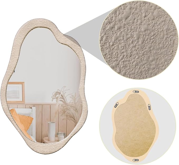 32"x 20" Wavy Cloud Mirror Irregular Wall Mirror with Wood Frame, Modern Decorative with Hanging Hooks, Asymmetrical for Bedroom Living Room Entryway Beige