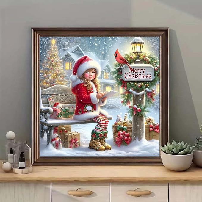 mrpwnle Christmas Diamond Art Kits for Adults, Christmas Diamond Painting for Kits Adults Beginners, 5D Round Full Drill Winter Gem Art Painting Kit, Home Wall Decor Gifts 13.8x13.8inch