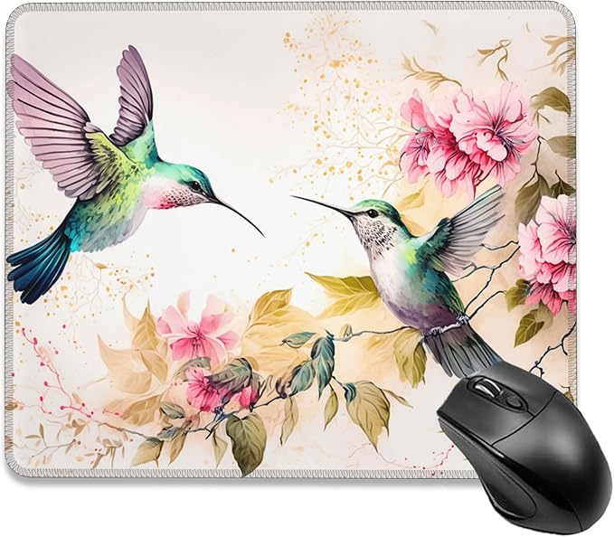 Mouse Pad, Watercolor Colibri Birds and Pink Flowers Mouse Pads for Desk,Soft Computer Mouse Mat Square Waterproof Non-Slip Rubber Base Gaming MousePads for Women Men,Laptop,Office
