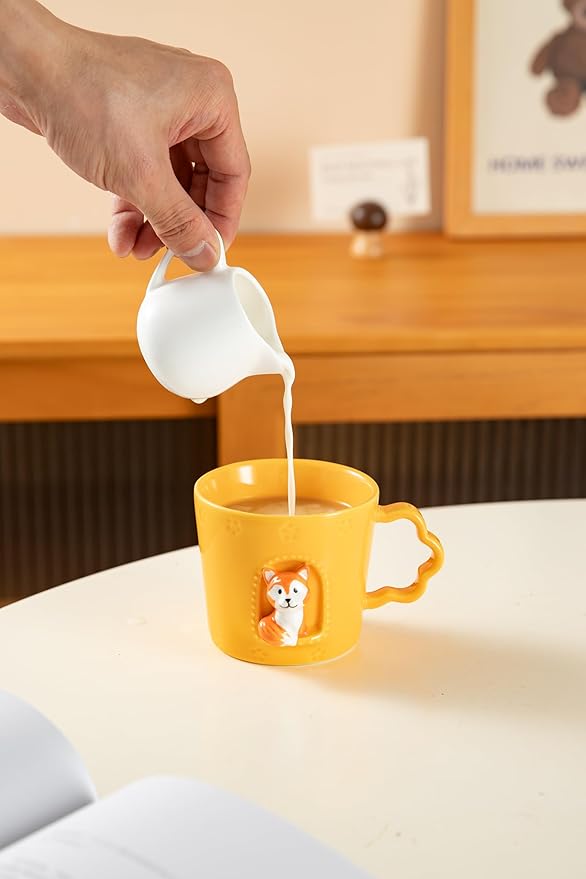DIHOclub Fox Ceramic Cup Window Animals Mug Cute Cartoon Handmade Figurine Mugs,Holiday and Birthday Gift for Daughter,Son,Kids,9 OZ (Orange)