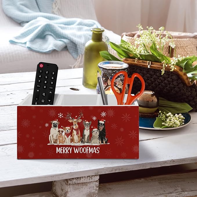 Dog Christmas Pen Pencil Holder Organizer for Desk Accessories, Merry Woofmas Christmas Wooden Box Sign Desk Decor for Home Office Decoration, Dog Mom Dad Lovers Gifts for Women Men