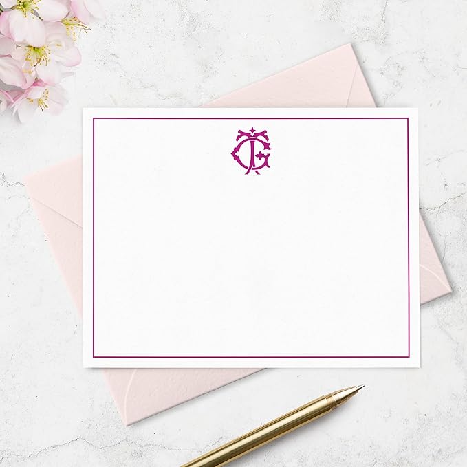 Fairmont & Grove Chic Interlocking 2 Letter Monogram Note Card and Envelope Stationery Set, Classic Monogrammed Personalized Stationary in Choice of Set Size and Colors (Monogram with Single Border)