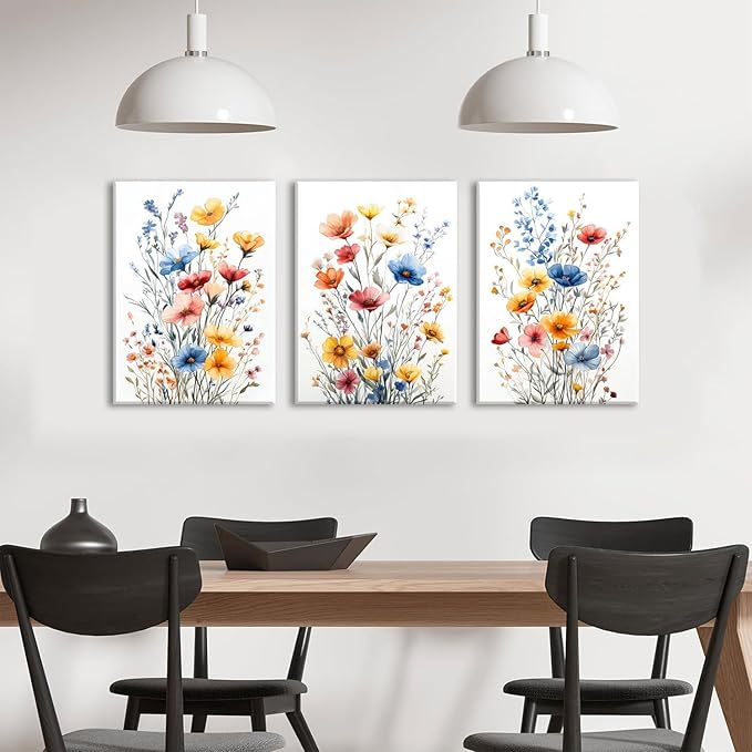 okudolit Colorful Wildflower Framed Canvas Wall Art Set Of 3 Flowers Pictures Prints Flowers Printing Floral Watercolors Flower wall Decor Living Room Bedroom Dinning Room Farmhouse Office-16 x24in