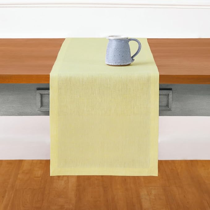 Solino Home Linen Chambray Yellow Table Runner 108 Inches Long - Athena, 100% Pure Linen Dining Table Runner 14 x 108 Inch for Spring, Easter