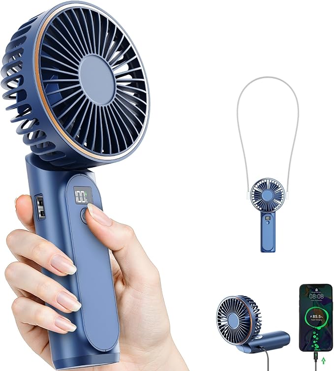 Portable Handheld Fan, Portable Fan Rechargeable, 4000mAh, 180° Adjustable, 6 Speed Wind, Display Electricity in Real Time, USB Rechargeable Foldable F an, Quiet Personal Fan with Power Bank