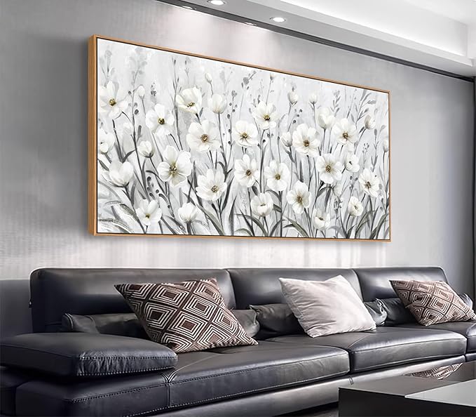 arteWOODS Flowers Framed Wall Art - Grey White Wildflowers Canvas Pictures Wall Decor Botanical Painting Artwork Elegant Floral Prints for Living Room Bedroom Home Decor 40 x 20in Natural Wood Frame
