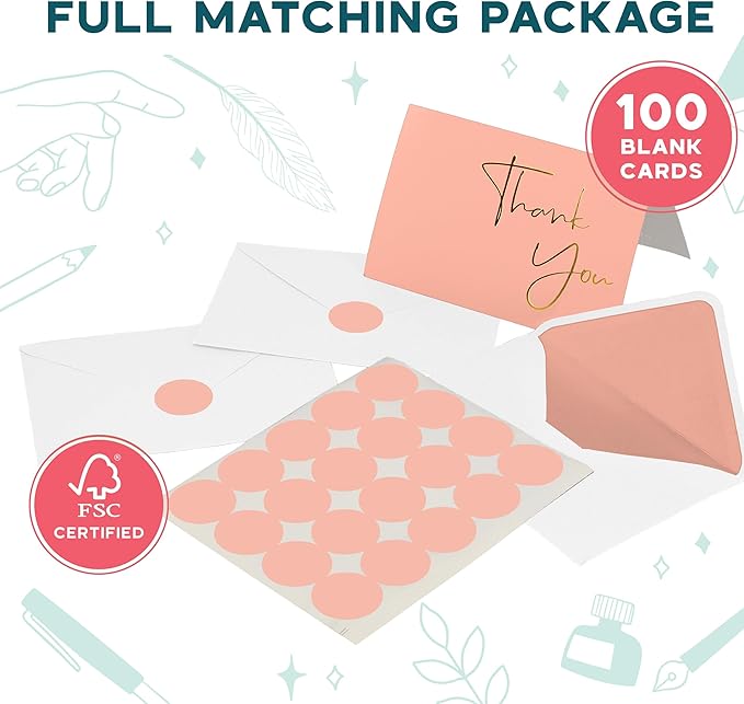 VNS Creations Gold Foil Thank You Cards With Envelopes Bulk Set & Stickers - 100 Pack 4x6 Blank Thank You Notes Box Set - Large Note Card Small Business, Wedding, Baby Shower & Bridal Shower - Peach