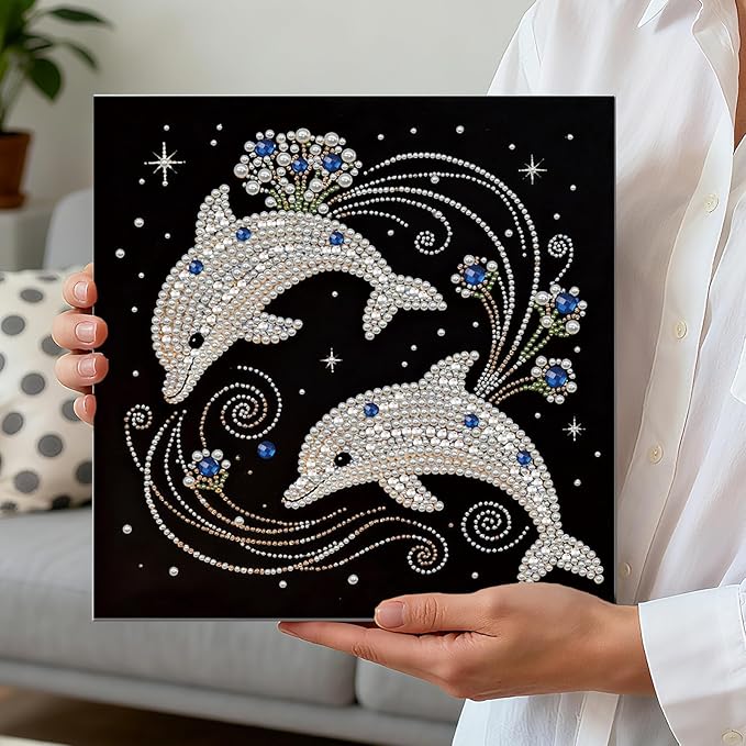 DIY Pearl Painting Kit with Wooden Frame, 3D Plastic Pearl Gemstone Ocean Art Craft for Adults Beginners, Diamond Art Kits for Adults, Home Wall Decor Ready Gift for Women(Dolphins)(30 * 30cm)