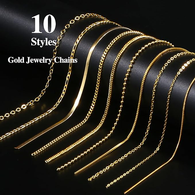 Ecoofor Gold Necklace Chains for Jewelry Making, 75.5 Feet 10 Rolls Jewelry Chains for DIY Necklace Bracelet Jewelry Making with Jump Rings/Lobster Clasps/Connectors