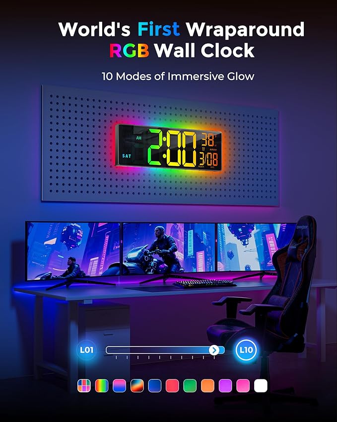 16.5" Large Digital Wall Clock with BT Sync, RGB Lights with 11 Scenes Mode Remote Control, Big LED Clock with Dual Alarms, Auto DST, Temperature for Classroom Gaming
