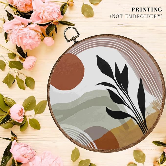 365CUSGIFTS Boho Abstract Leaf Curves Wall Art Decor, Botanical Canvas Prints, Farmhouse Flower Round Wall Hanging, Boho Wall Art for Living Room Bedroom Kitchen, 10x10 Inch