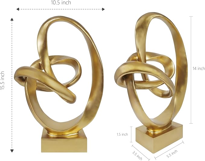 Cozy Villa Knot Sculptures, Modern Coffee Table Statues, Abstract Center Piece for Home Office, Dining Living Room Desk Decor, Bookends, 15.5 x 10.5 inch, Gold