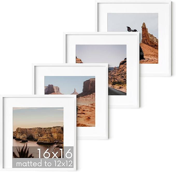 HAUS AND HUES 16x16 White Aluminum Frame Set of 4 - Matted to 12x12, Hanging Hardware, Shatterproof Plexiglass (16x16 in, White)