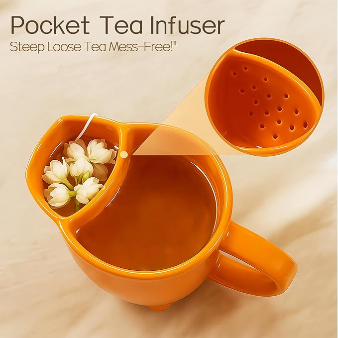 Yuwu uwu 17oz Fox Mug with Built-in Tea Bag Holder and Spoon – Cute Glossy Ceramic Animal Tea Cup for Kids, Women, Girls – Gift for Autumn, Birthday, Christmas (orange)