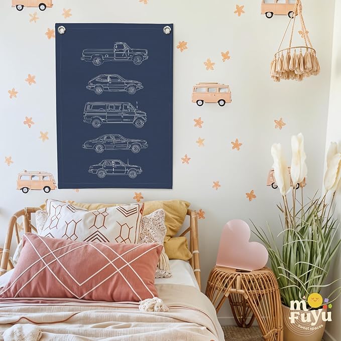 Boy Room Decor,Cars Room Decor for Boys,Vintage Car Decor Linen Canvas Banner,Navy Blue Wall Hanging Pennant Flag for Boys Kids Bedroom Dorm Nursery 18x25 Inch