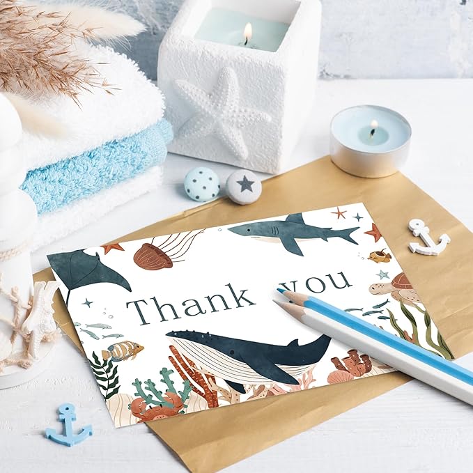 24 Pack Ocean Animal Thank You Cards Bulk Cute Sea Life Greeting Cards with Envelopes Stickers Blank Note Cards for Birthday Baby Shower Party Supplies, 4 x 6 Inch