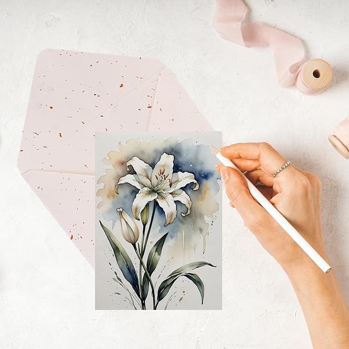 5x7 Blank Inside Greeting Card with Envelope, Watercolor Lily Greeting Card for All Occasions – Birthday, Sympathy, Thank You, Wedding - Single Card