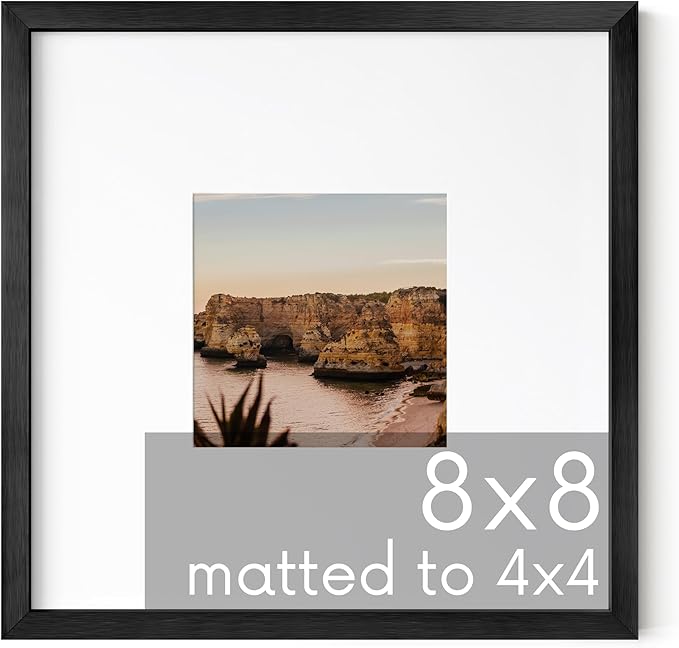 HAUS AND HUES 8x8 Black Metal Picture Frame Matted to 4x4 - Features Premium Aluminum & Hanging Hardware, Shatterproof Plexiglass - Ideal for Home, Room, Office (8x8 in, Black, Set of 1)