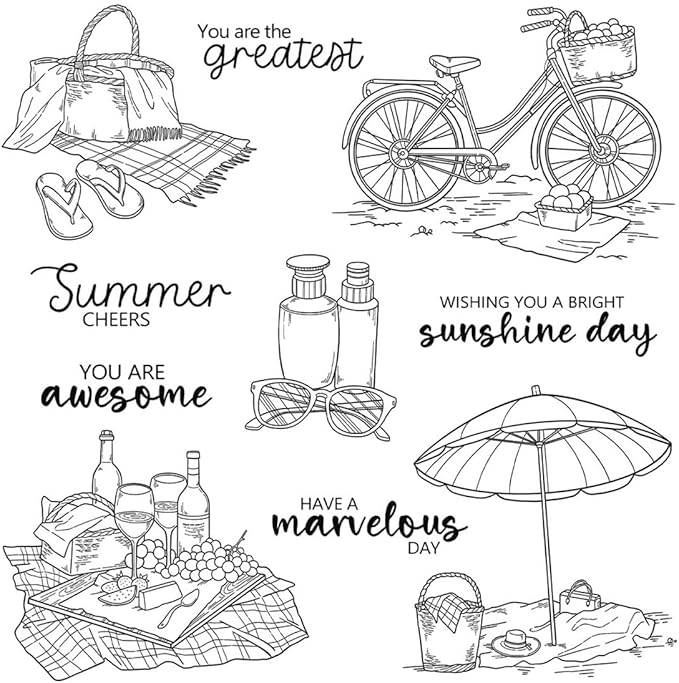 Summer Beach Umbrella Bicycle Stamps and Cutting Dies for Card Making DIY Transparent Silicone Clear Stamp and Metal Die Cuts Sets for Scrapbooking Paper Greeting Cards Decor Seals Craft Supplies