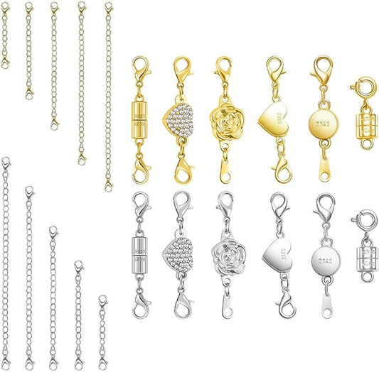 Magnetic Jewelry Clasps Set, Gold and Silver, 12 Pack Rose and Heart Design, Necklace Bracelet Closures with Rhinestone Accents (22pcs Golden Silvery)