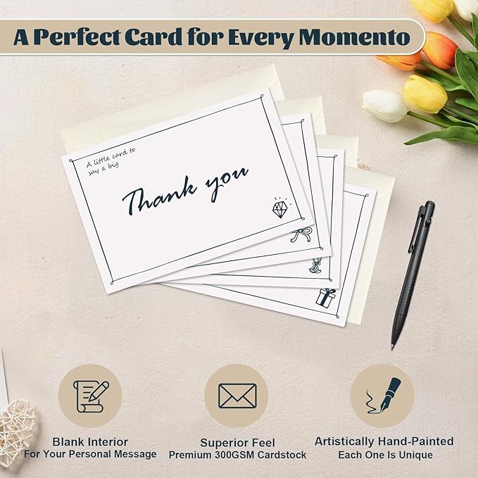 32 Pack Thank You Cards with Envelopes and Sealing Stickers, 4x6 Inch Blank Notes, Hand Painted Designs, 300gsm Premium Cardstock, Bulk Cards for Wedding, Graduation, Baby Shower, Anniversaries