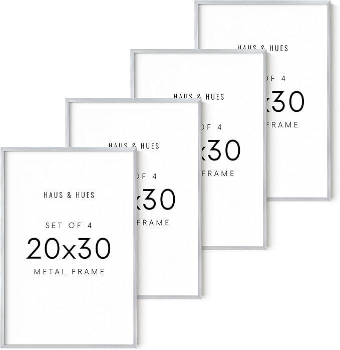 HAUS AND HUES 20x30 Silver Metal Picture Frames - Premium Aluminum with Vertical & Horizontal Hanging, Shatterproof Plexiglass - Perfect for Home or Office (20x30 in, Silver, Set of 4)
