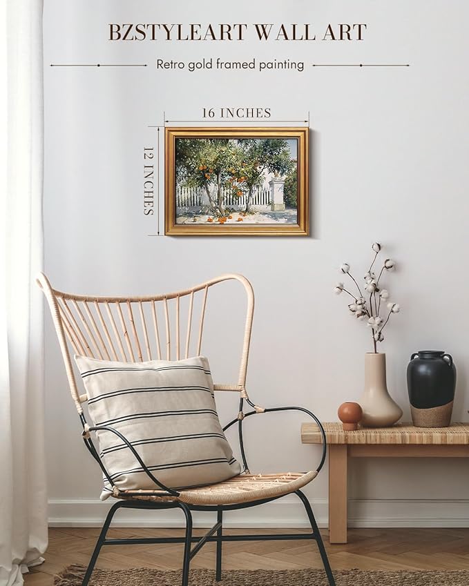 Bzstyleart Vintage Wall Art Decor for Living Room,Gold Framed Canvas Wall Art Home Decor Aesthetic,Orange Courtyard Prints,Canvas Picture Print Artwork,12 x 16 Inch