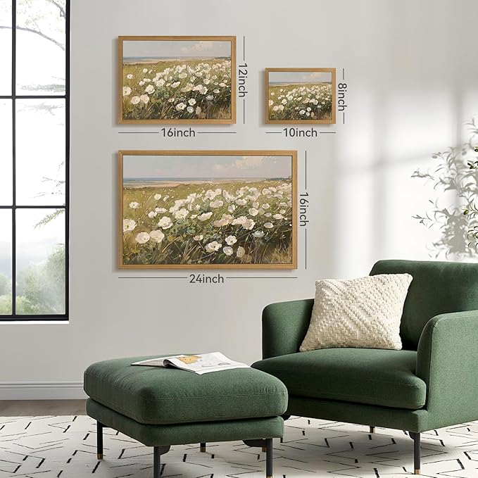 CAZLOUC Vintage Coastal Wall Art, White Wildflower Wall Decor, Rustic Farmhouse Landscape Canvas Painting, Nature Seaside Floral Poster Print for Bedroom Living Room Office Wood Framed 8x10 Inch
