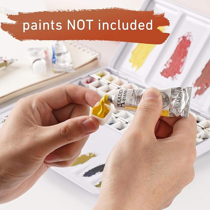 PEVART Empty Watercolor Paint Palette case,Metal Water Color Tin Box with 52 Empty Half Pans and Fold-out Mixing Painting Tray-Portable Travel Watercolor Palette, Plain Air painting