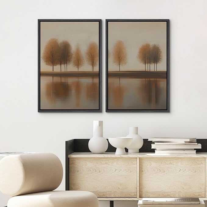 SIGNWIN Framed Canvas Print Wall Art Set Autumn Trees by The Lake Warm Brown Landscape Illustrations Modern Art Scenic Colorful for Living Room, Bedroom, Office - 24"x36"x2 Black