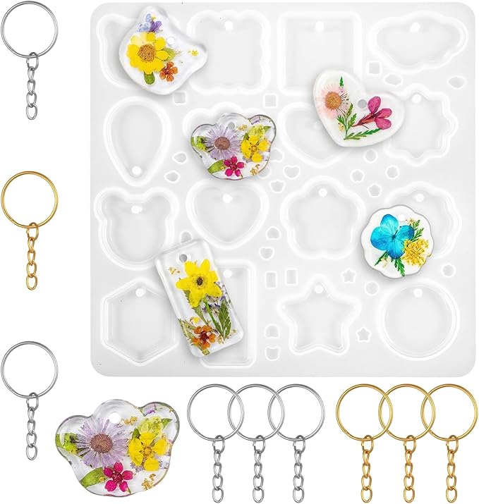 Keychain Resin Molds with Hole Resin Jewelry Pendant Mold Silicone Mold Set with 8 Keychains 16 Cavities Jewelry Molds for Beginner DIY Crafts Keychain Charm Pendant Jewelrys Making