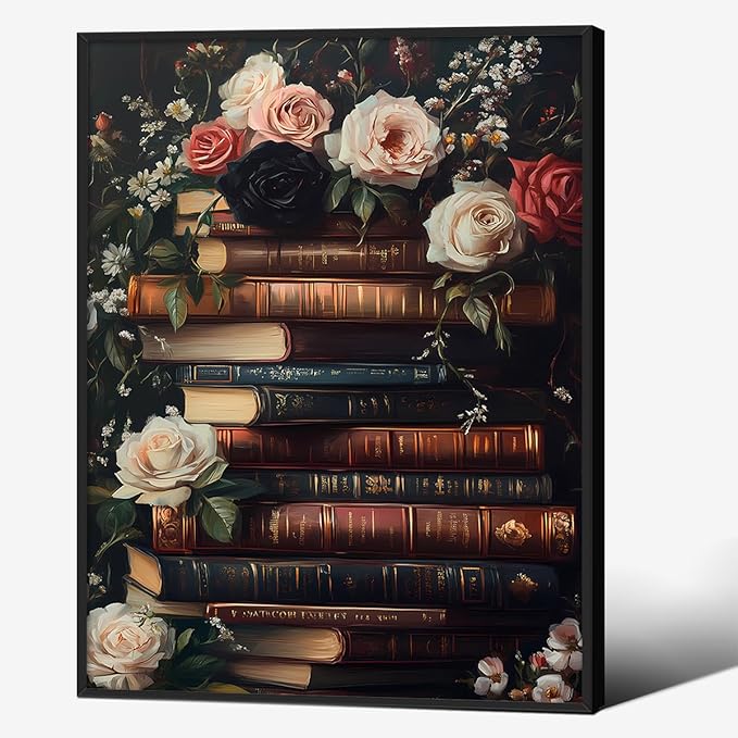 Dark Academia Book Canvas Posters Moody Botanical Floral Wall Art Vintage Antique Victorian Aesthetic Oil Painting 08x10 inch Black Framed for Gallery Library Wall Decor