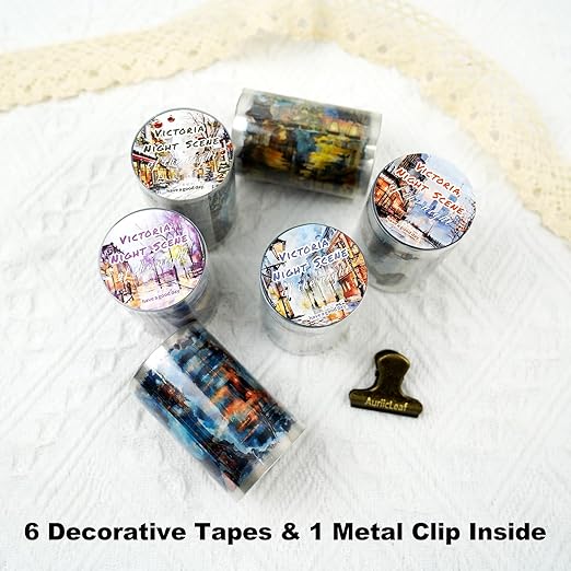 Night Scene PET Tape Set – 6 Rolls of Pre-Cut Landscape Stickers with Clip, Waterproof Scrapbook Kit for Journaling, DIY Crafts, and Decorative Embellishment