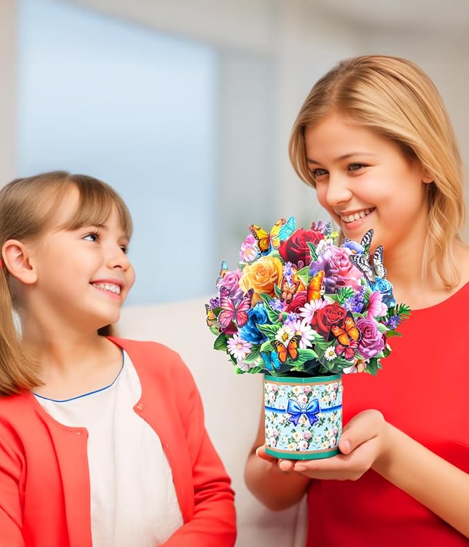 3D Pop Up Flower Bouquet Cards with 3 Envelopes & Blank Notecards, Featuring Multicolor Roses & Butterflies, White Daisies & Lavender, Pink & White Lilies for Birthday, Mother's Day, Get Well, Anniversary,All Occasions