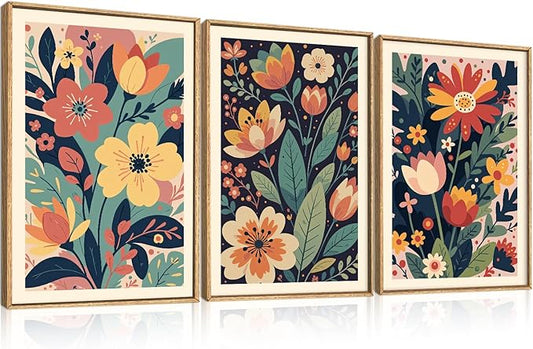 KAIRNE Vintage Colorful Floral Framed Canvas Wall Art Set of 3, Mid Century Modern Flower Wall Decor, Wildflower Plant Painting, Boho Botanical Art Prints for Living Room, Bedroom, Office, 16X24 Inch