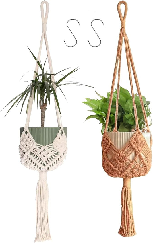 Macrame Plant Hangers 2 Pack, 35 Inch Indoor Outdoor Hanging Planter Basket with Wood Beads - No Tassels Flower Pot Holder for Boho Home Decor (Ivory/Coffee)
