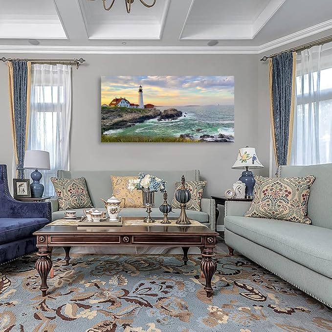 tigeridge Portland Head Light Wall Art Sunset Lighthouse Canvas Wall Art for Living Room Ocean Canvas Pictures Seascape Artwork Canvas Prints Office Home Wall Decor Framed Ready to Hang 30" x 60"