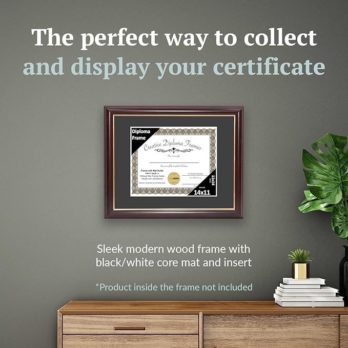 Creative Picture Frames 14x11 Mahogany Gold Rim Diploma Frame with White Mat Glass and Installed Wall Hangers | Frame Holds 16x20 Media without Mat