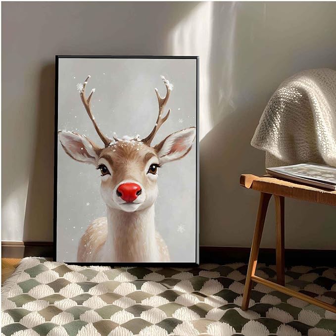 Framed Canvas Wall Art Red Nosed Reindeer Christmas Farmhouse Mantle Canvas Wall Art Print Farmhouse Christmas Poster 16x24in Metal blackFramed