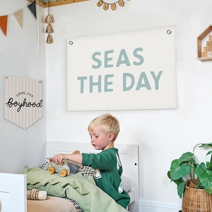 Lacama Beach Theme Wall Decor for Boys Room, Coastal Kids Playroom Nursery Hanging Sign, Seas The Day Linen Canvas Banner, Rustic Nautical Surf 30x20 Inch