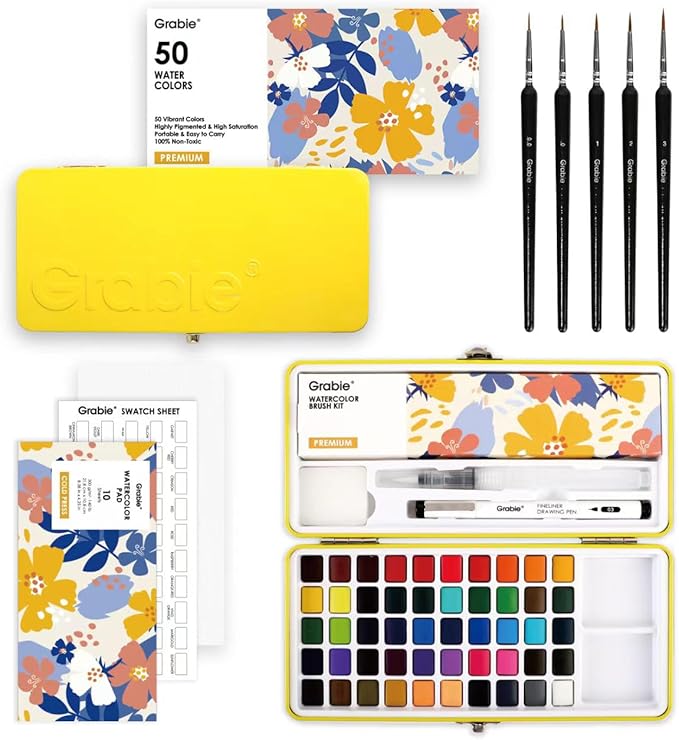 Grabie 100 Colors Premium All-In-One Watercolor Paint Set - 50 Essential, 35 Metallic, 10 Pastels, 5 Neon Hues - Portable Case, Brush Pens, Paper Pad, Waterproof Fineliner Pen, Beginner & Professional
