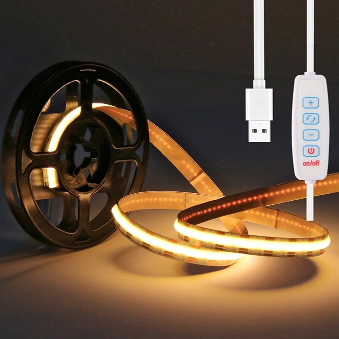COB LED Strip Lights 5V USB 3.28ft/1m Under Cabinet Tape Lights Dimmable LED Lights 640LEDs 6000K White Cuttable LED Light Strip for Bedroom Kitchen DIY Lighting Room Decor TV Backlight