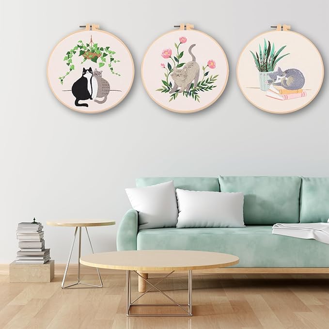 Ohcol 3 Sets Cat Embroidery Kit,Needlepoint Kits for Adults Beginner,Needle Point Sets with Washable Pre-Printed Pattern,1 Hoop,Women Hand Crafts