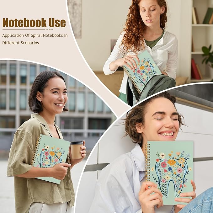 WUCHJ Dentist Gifts Notebook Journal, Dental Assistant Office Gifts for Women, Green Floral Tooth Dental Spiral Notebook Journal for Note Taking, Dentist Office Supplies, 5.5x8.3 Inch