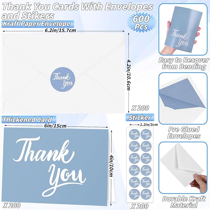600 Pcs Blue Thank You Cards Bulk with White Envelopes and Stickers 4x6 Inch Blank Thank You Notes Box Set Minimalistic Design for Business Wedding Baby Shower Graduation Bridal Shower Funeral