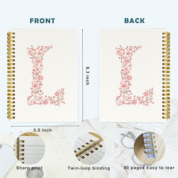 Pink Cute Spiral Notebook Journal, Preppy Floral Initial Letter L Personalized Journaling Notebooks, Monogrammed Gifts for Women Girls, Botanical Hardcover Spiral Lined Notebook 5.5 x 8.3