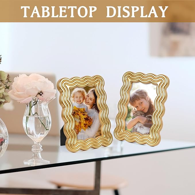 4x6 Picture Frame, Display Pictures 4x6 with Mat, Wavy Edge Wood Photo Frame for Tabletop and Wall Hanging, with Clear Plexiglass for Vertical or Horizontal Display, Gold, 1 Pack