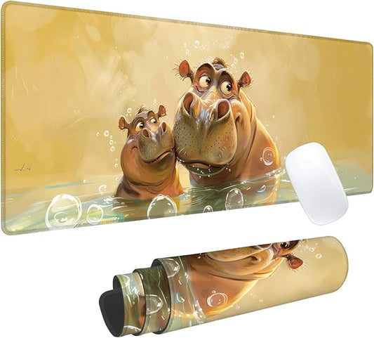 Cartoon Hippo Gaming Mouse Pad, Office Desk Mat, Anti-Slip Rubber Base Cool Aesthetic Mouse Pads for Computer Laptop Keyboard School Home Desktop Gamer Home Accessories Decor 31.5" x 11.8"