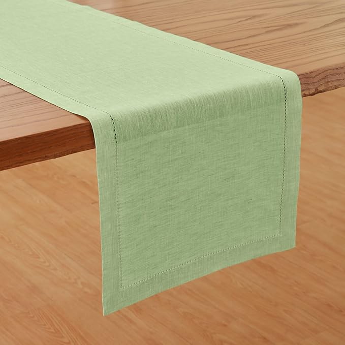 Solino Home Linen Table Runner 108 Inches Long - Milan Hemstitch 100% Pure Linen Pistachio Dining Table Runner 14 x 108 Inch - Spring, St Patricks Day, Easter